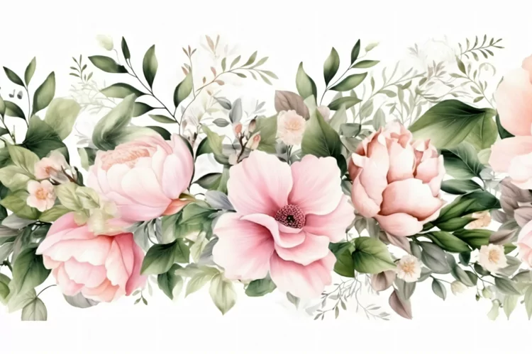 Watercolor Floral Background with Green Leaves on White BG