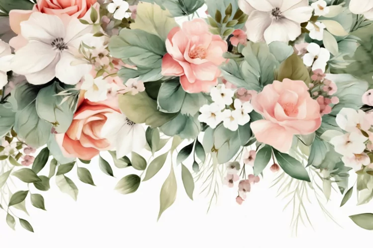 Watercolor Floral Background with Green Leaves on White BG