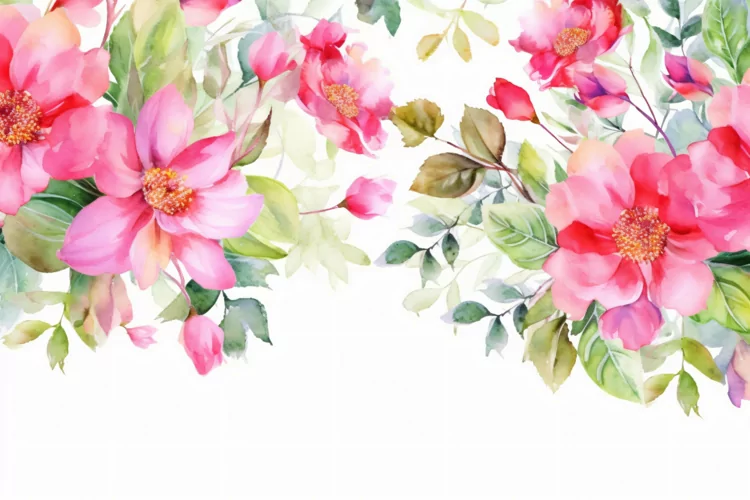 Watercolor Floral Background with Red Flowers on White BG
