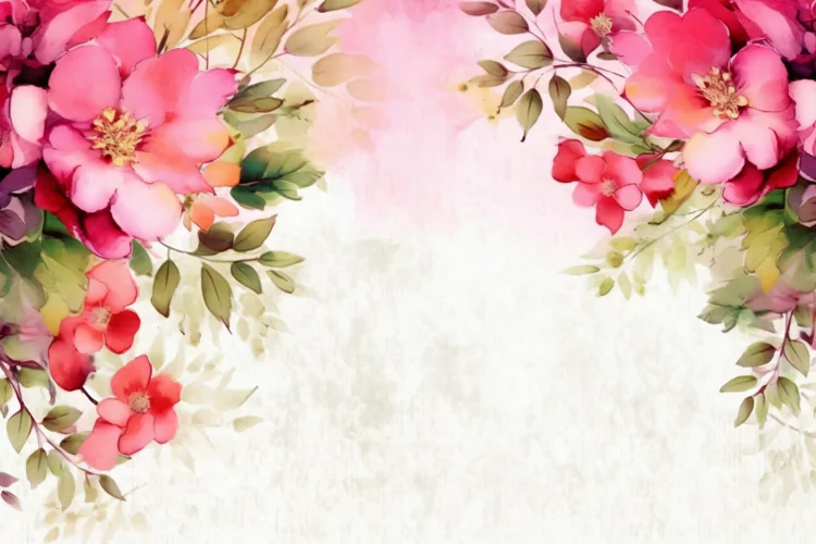 Watercolor Floral Background with Red Flowers on White BG