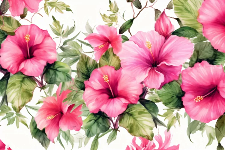 Watercolor Floral Background with Green Leaves on White BG