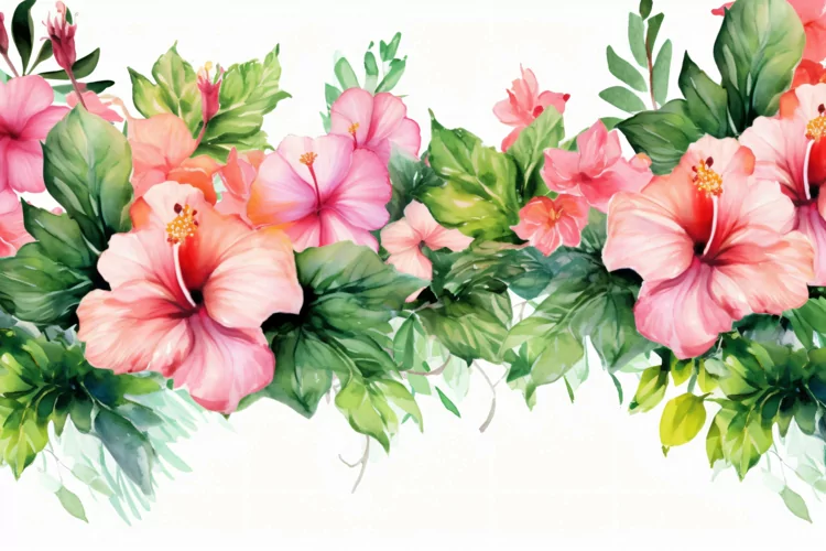 Watercolor Floral Background with Green Leaves on White BG
