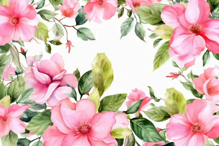 Watercolor Floral Background with Red Flowers on White BG