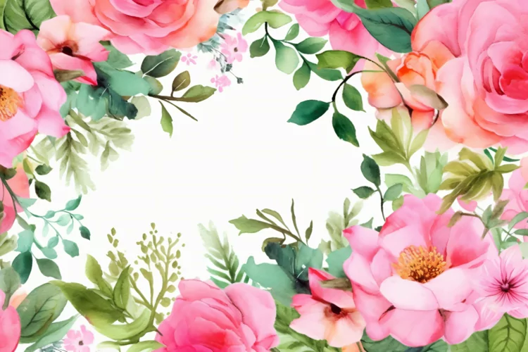 Watercolor Floral Background with Red Flowers on White BG