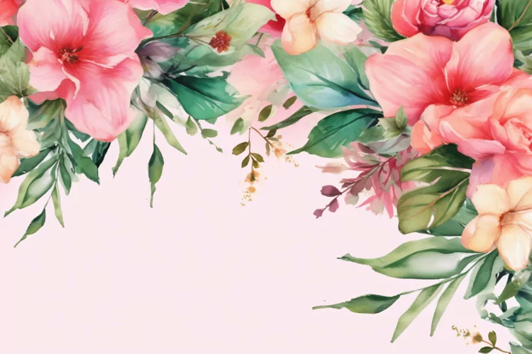 Watercolor Floral Background with Red Flowers on Pink BG