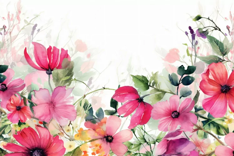 Watercolor Floral Background with Red Flowers on White BG