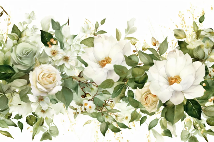 Watercolor Floral Background with White Flowers on White BG