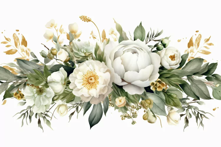 Watercolor Floral Background with White Flowers on White BG