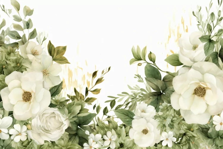 Watercolor Floral Background with White Flowers on White BG