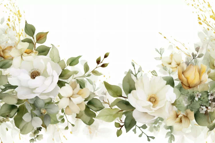 Watercolor Floral Background with White Flowers on White BG