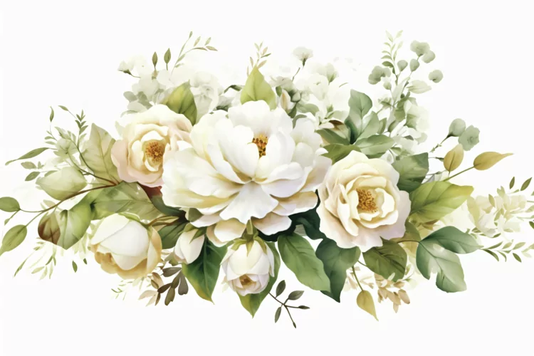 Watercolor Floral Background with White Flowers on White BG