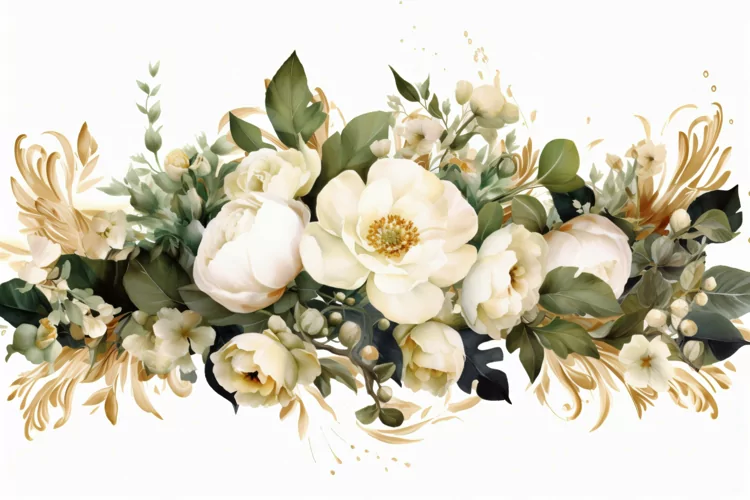 Watercolor Floral Background with White Flowers on White BG