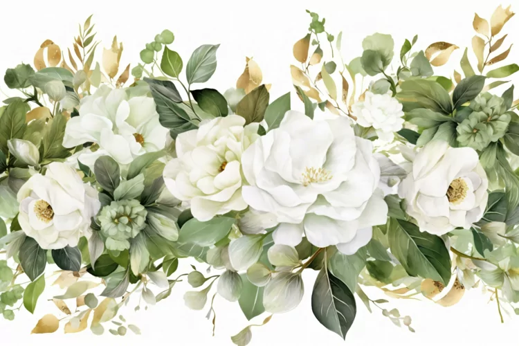 Watercolor Floral Background with White Flowers on White BG