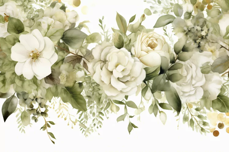 Watercolor Floral Background with White Flowers on White BG