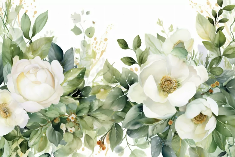 Watercolor Floral Background with White Flowers on White BG