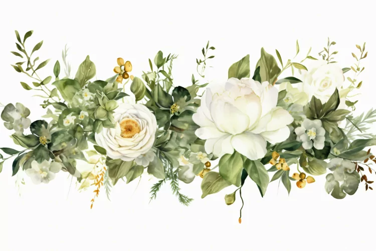 Watercolor Floral Background with White Flowers on White BG