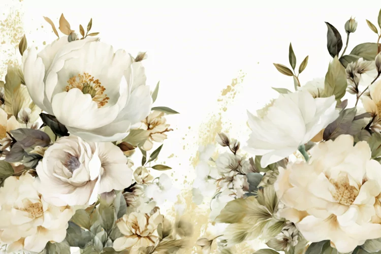 Watercolor Floral Background with White Flowers on White BG