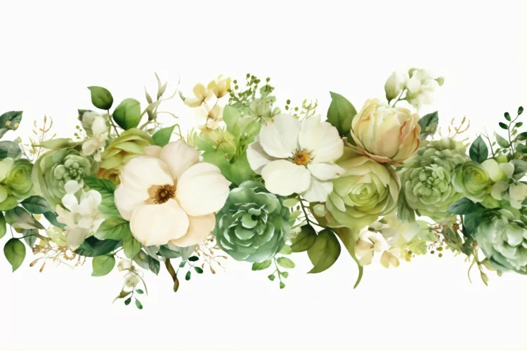 Watercolor Floral Background with Green Leaves on White BG