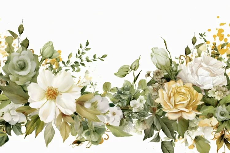 Watercolor Floral Background with Green Leaves on White BG
