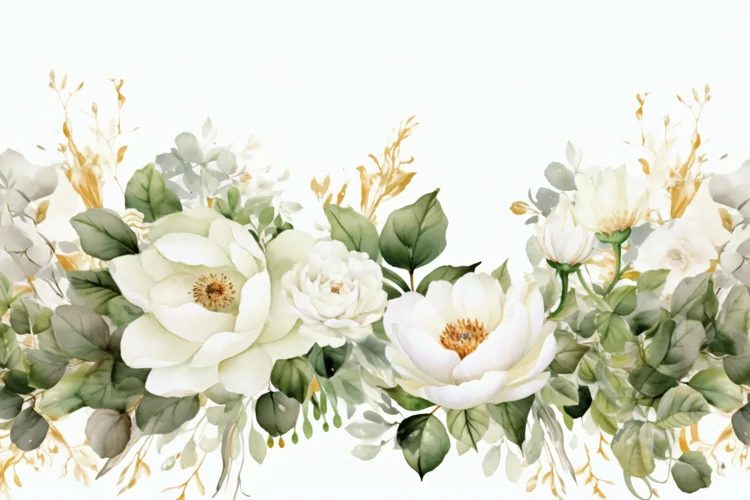Watercolor Floral Background with White Flowers on White BG