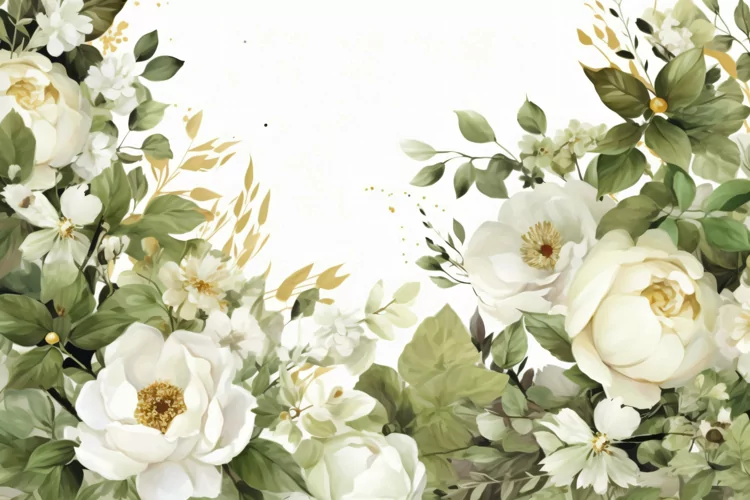 Watercolor Floral Background with Green Leaves on White BG