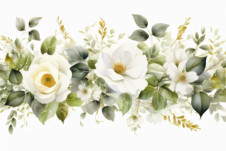 Watercolor Floral Background with White Flowers on White BG
