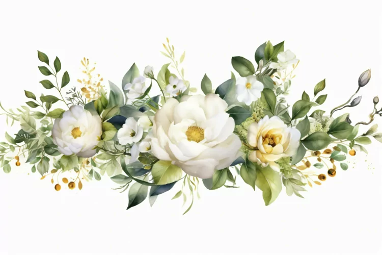 Watercolor Floral Background with White Flowers on White BG