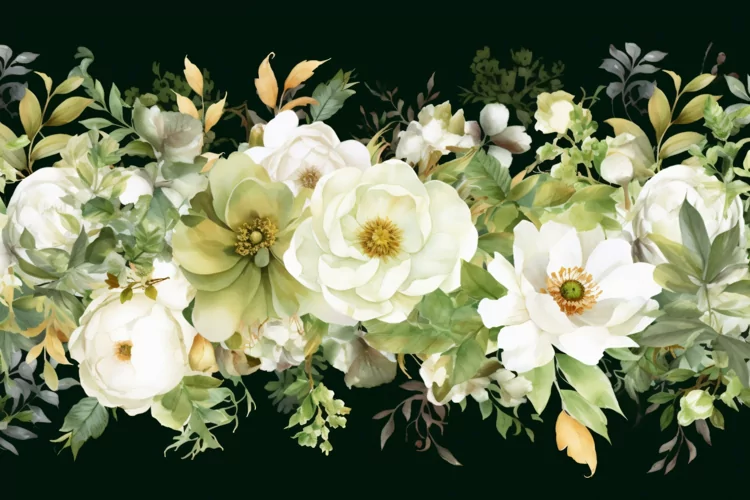 Watercolor Floral Background with White Flowers on Dark BG