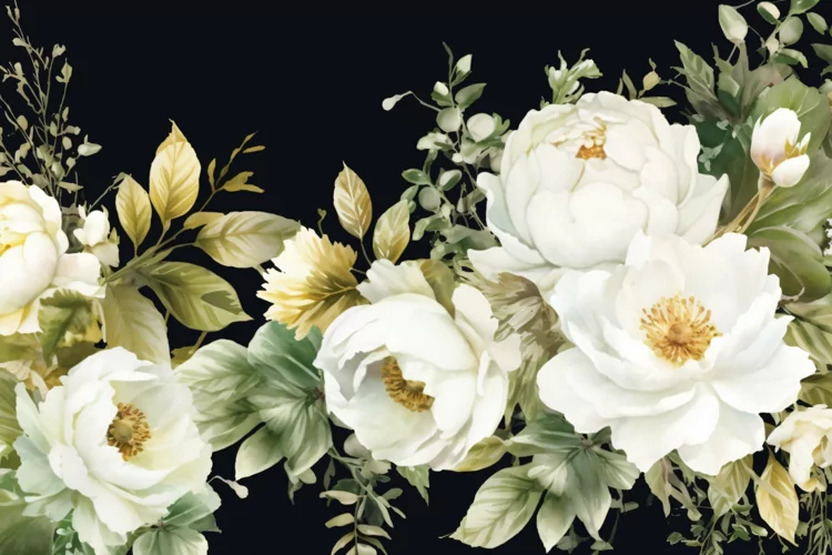 Watercolor Floral Background with White Flowers on Dark BG