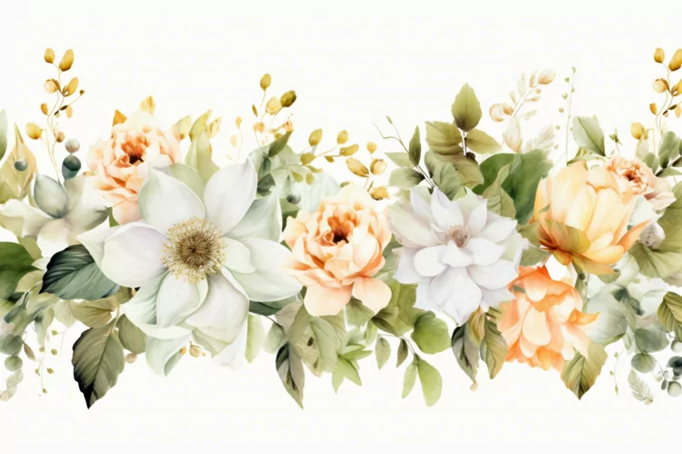 Watercolor Floral Background with White Flowers on White BG