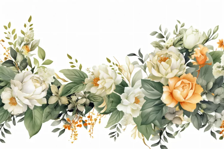 Watercolor Floral Background with White Flowers on White BG