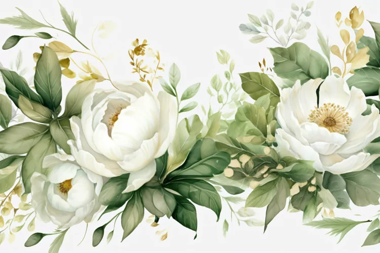 Watercolor Floral Background with White Flowers on White BG