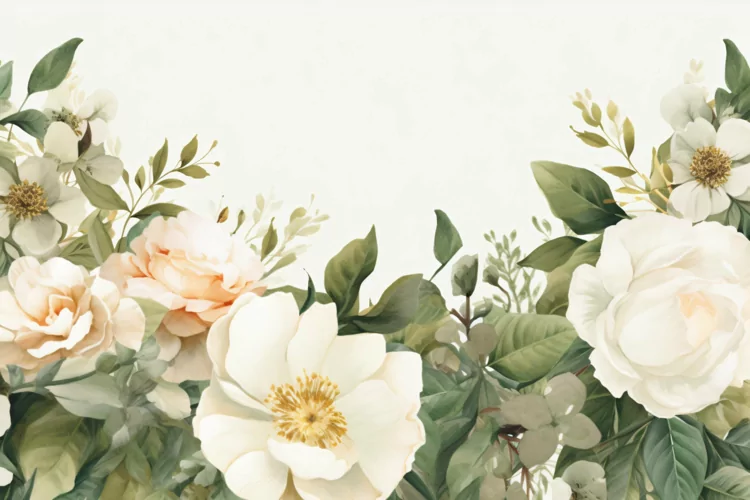 Watercolor Floral Background with White Flowers on White BG