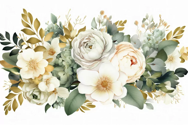 Watercolor Floral Background with White Flowers on White BG