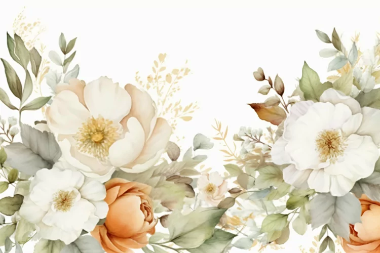 Watercolor Floral Background with White Flowers on White BG