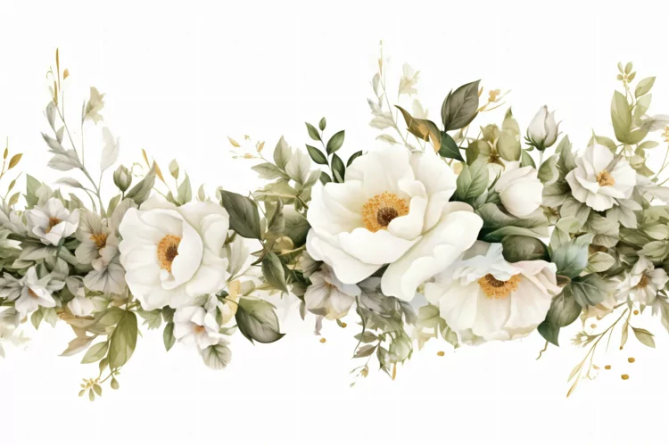 Watercolor Floral Background with White Flowers on White BG