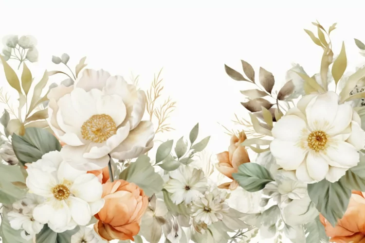 Watercolor Floral Background with White Flowers on White BG