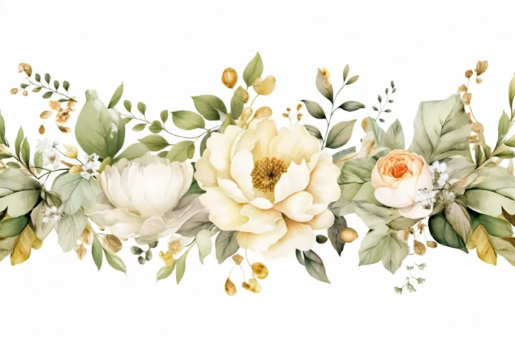 Watercolor Floral Background with White Flowers on White BG