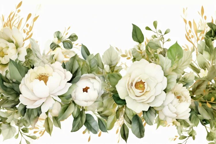 Watercolor Floral Background with White Flowers on White BG