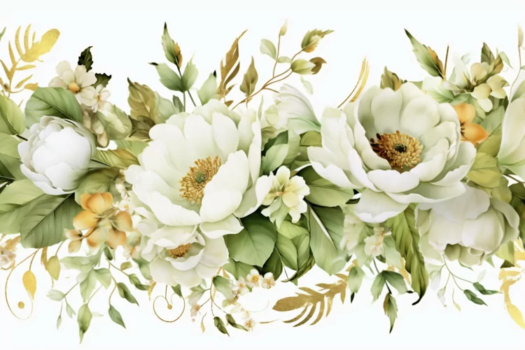 Watercolor Floral Background with White Flowers on White BG