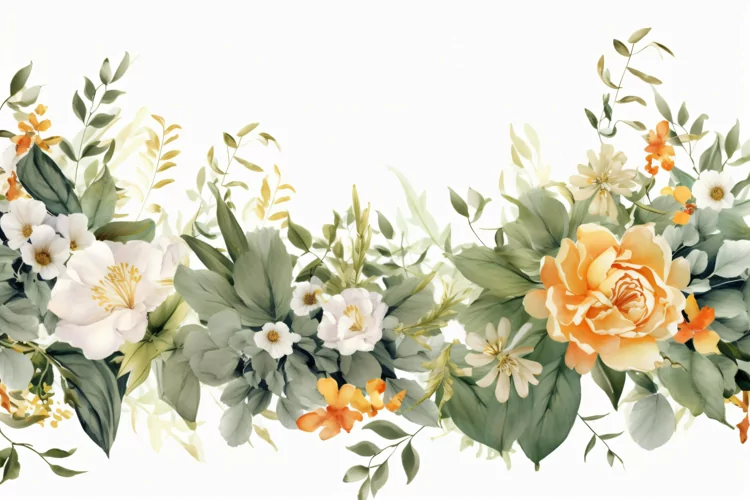 Watercolor Floral Background with White Flowers on White BG