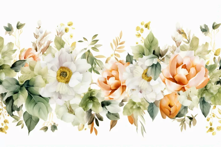 Watercolor Floral Background with White Flowers on White BG