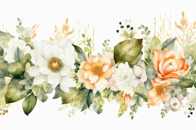 Watercolor Floral Background with White Flowers on White BG