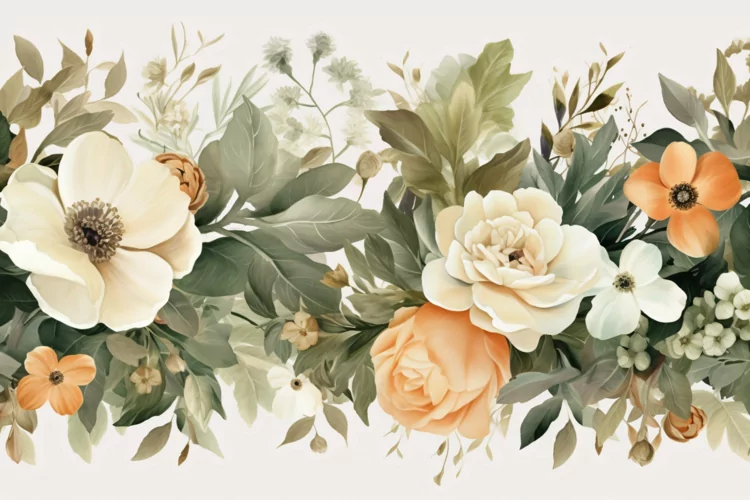 Watercolor Floral Background with White Flowers on White BG