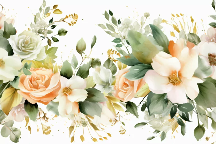 Watercolor Floral Background with White Flowers on White BG