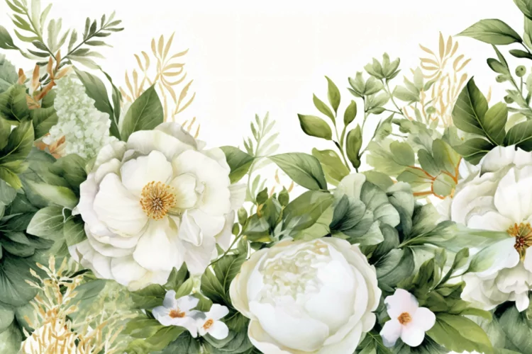 Watercolor Floral Background with White Flowers on White BG