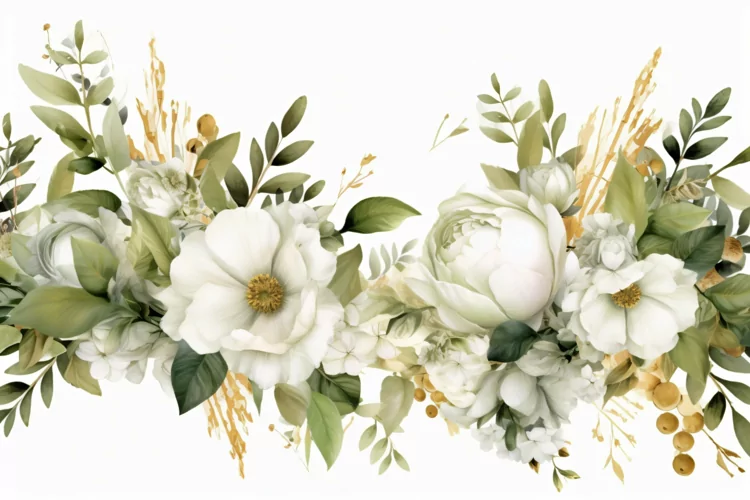 Watercolor Floral Background with White Flowers on White BG