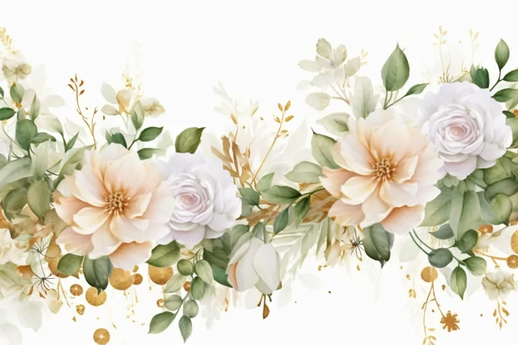 Watercolor Floral Background with White Flowers on White BG