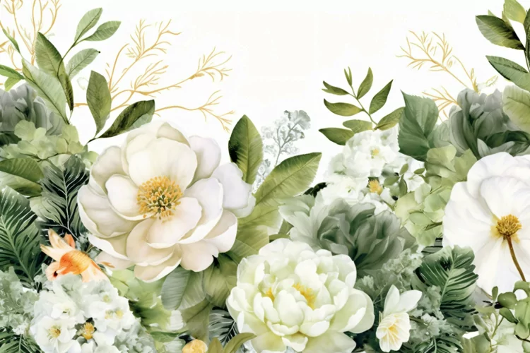 Watercolor Floral Background with White Flowers on White BG
