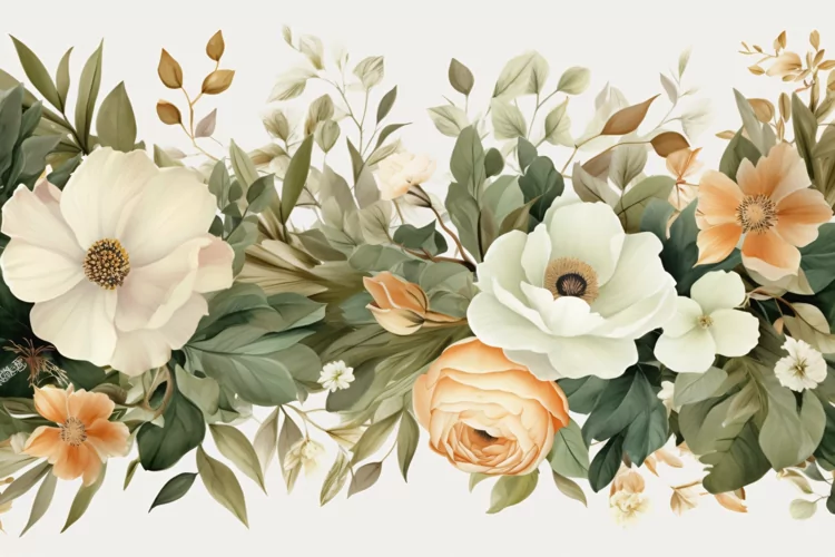 Watercolor Floral Background with White Flowers on White BG